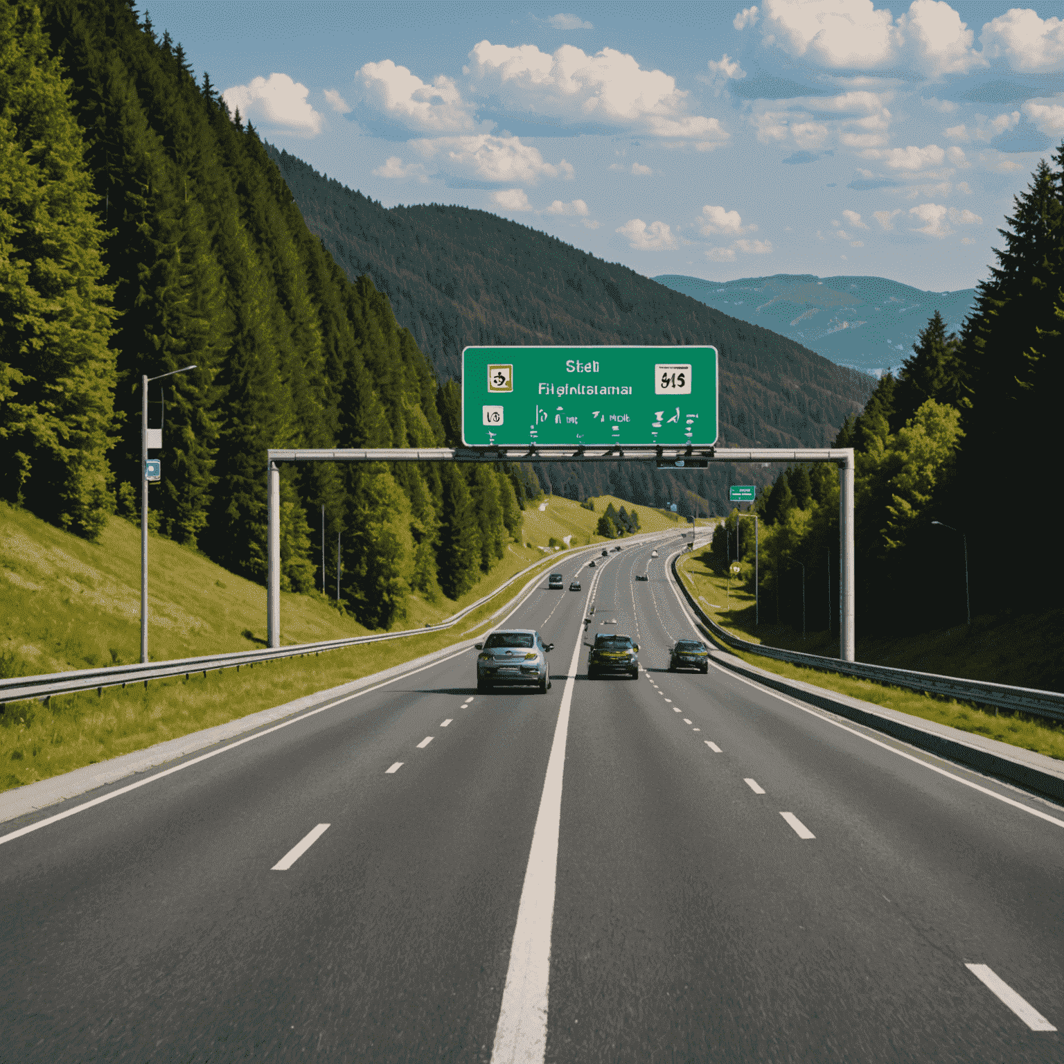 Eine deutsche Autobahn mit Schildern, die auf Vignettenpflicht hinweisen. Im Vordergrund ist eine Vignette zu sehen, die an einer Windschutzscheibe angebracht ist.