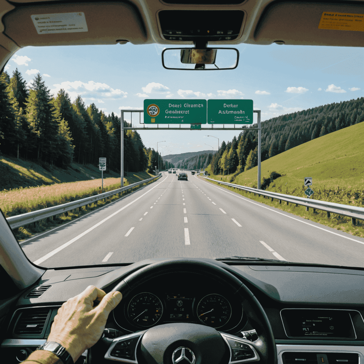 A German autobahn with a toll booth in the foreground and a vignette sticker visible on a car windshield