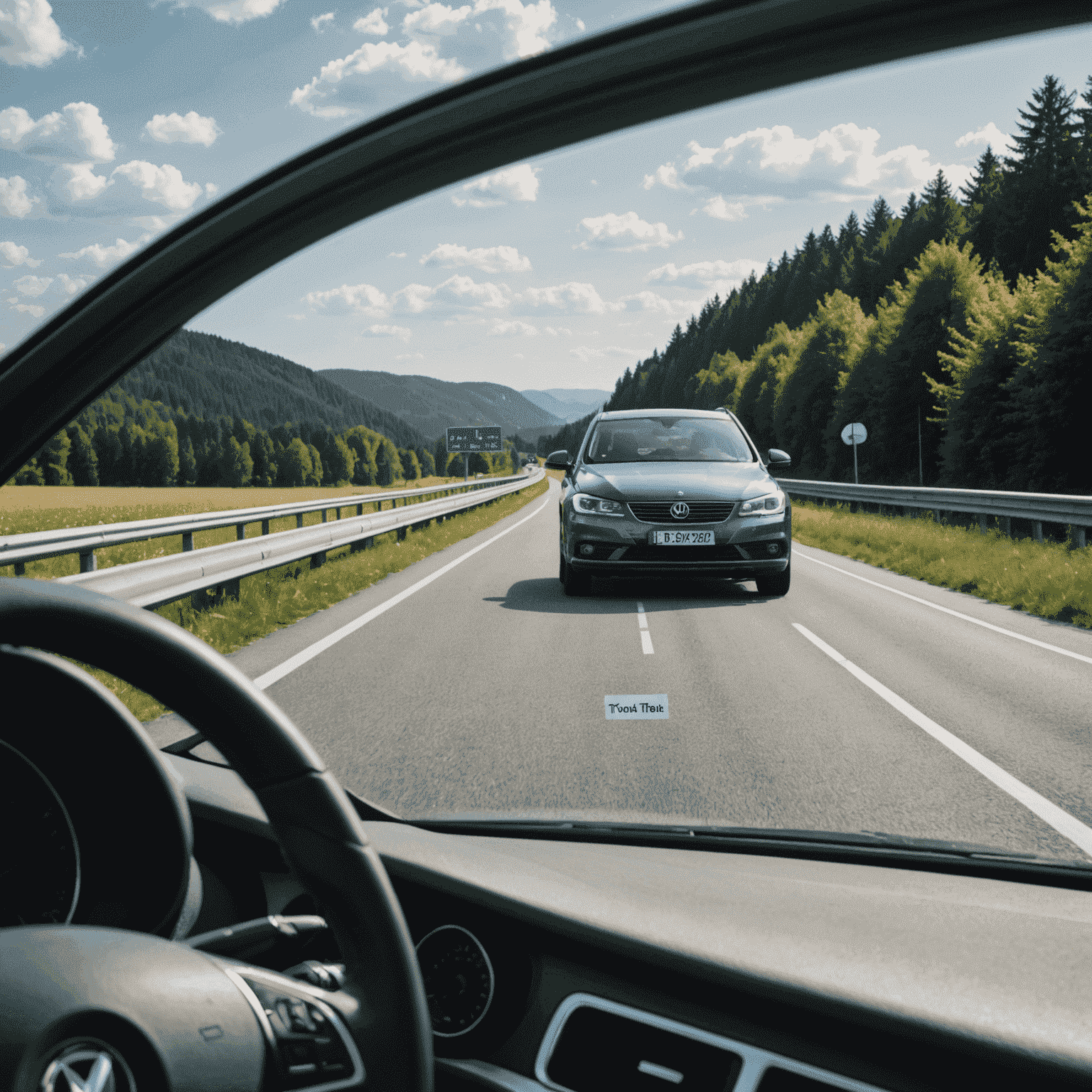 Ein Pkw auf einer deutschen Autobahn mit einer deutlich sichtbaren Vignette an der Windschutzscheibe