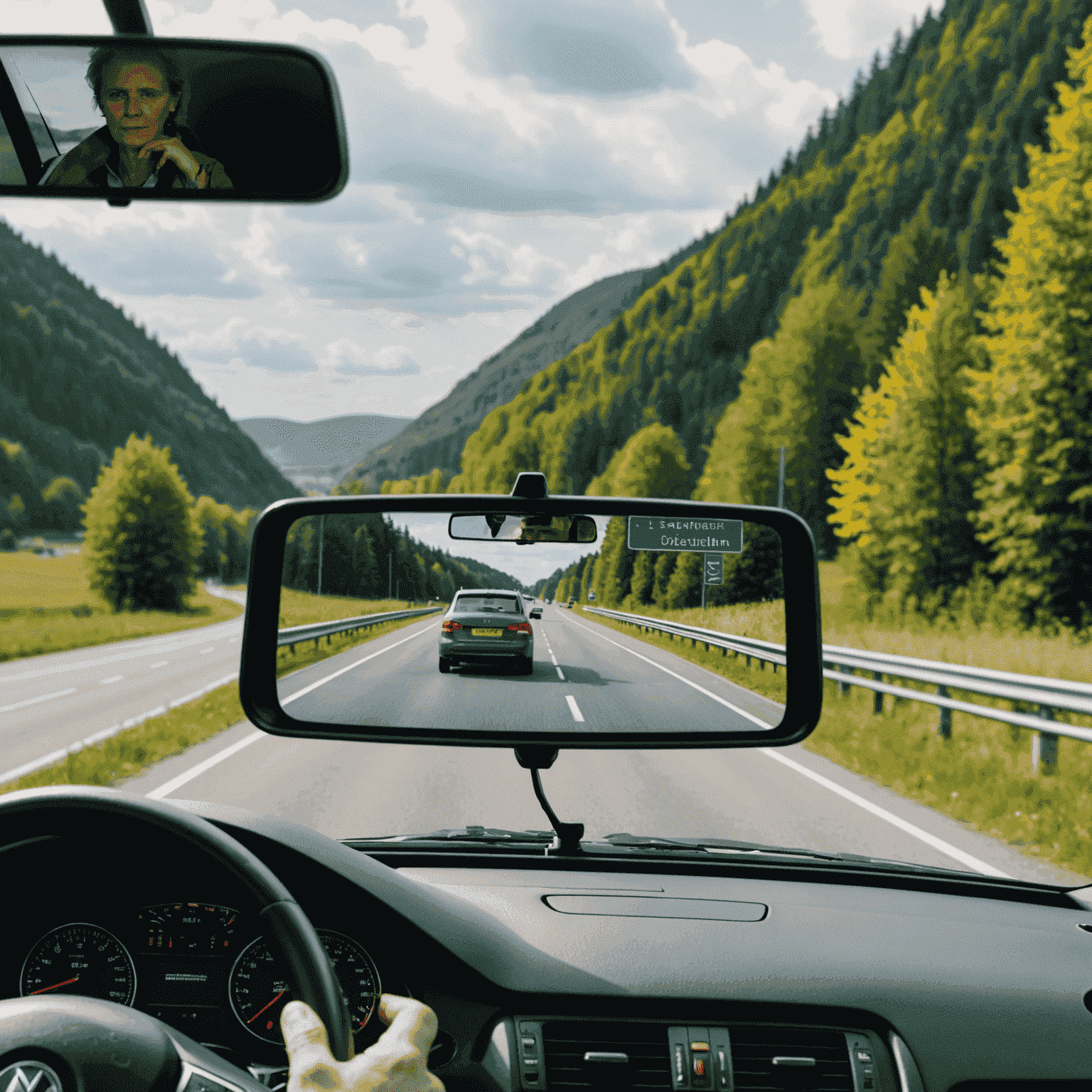 Eine Nahaufnahme einer deutschen Autobahn-Vignette, die korrekt an der Windschutzscheibe eines Autos angebracht ist. Im Hintergrund ist verschwommen eine deutsche Autobahn zu sehen.
