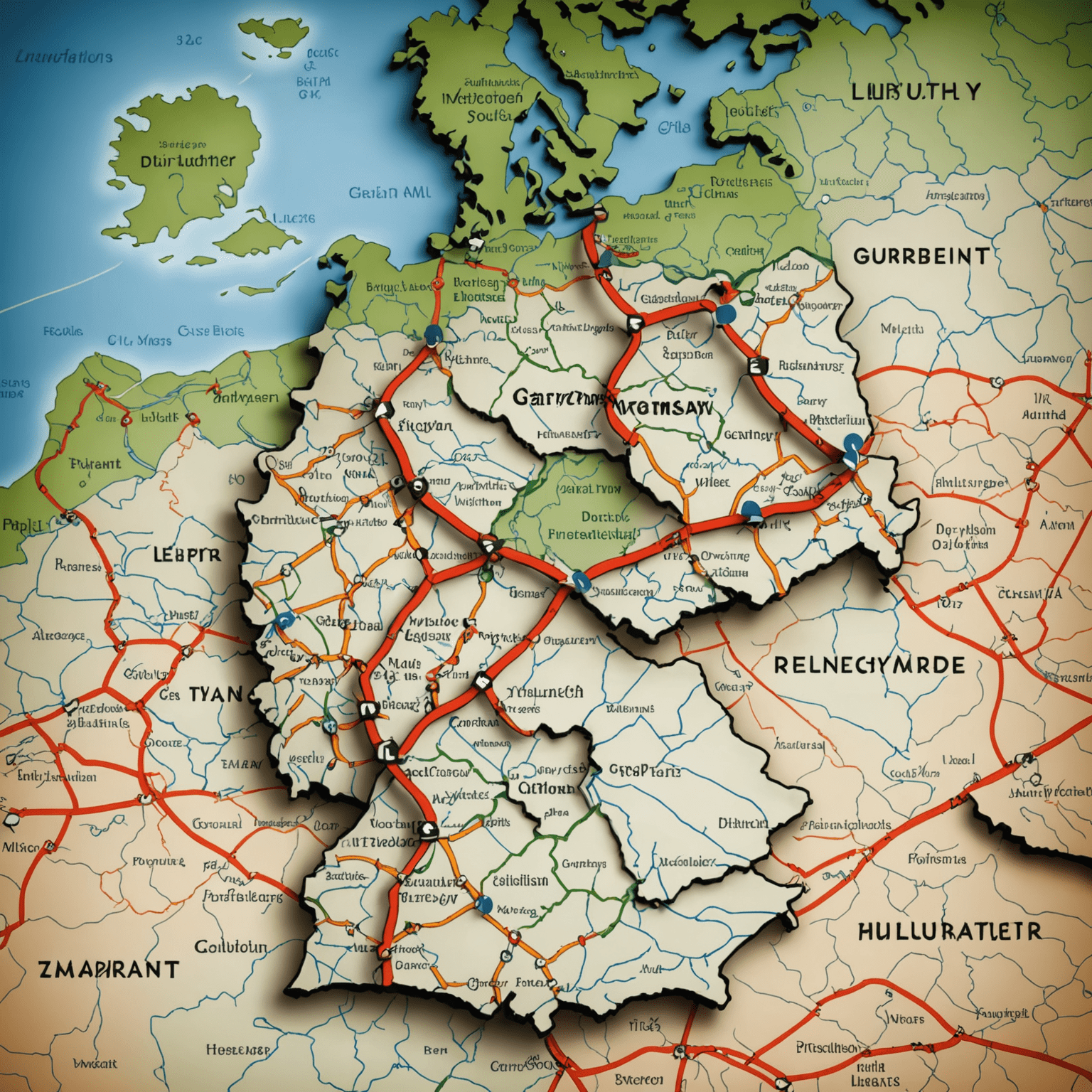 Eine Karte von Deutschland mit hervorgehobenen Hauptverkehrsrouten und Symbolen für Vignetten-Verkaufsstellen