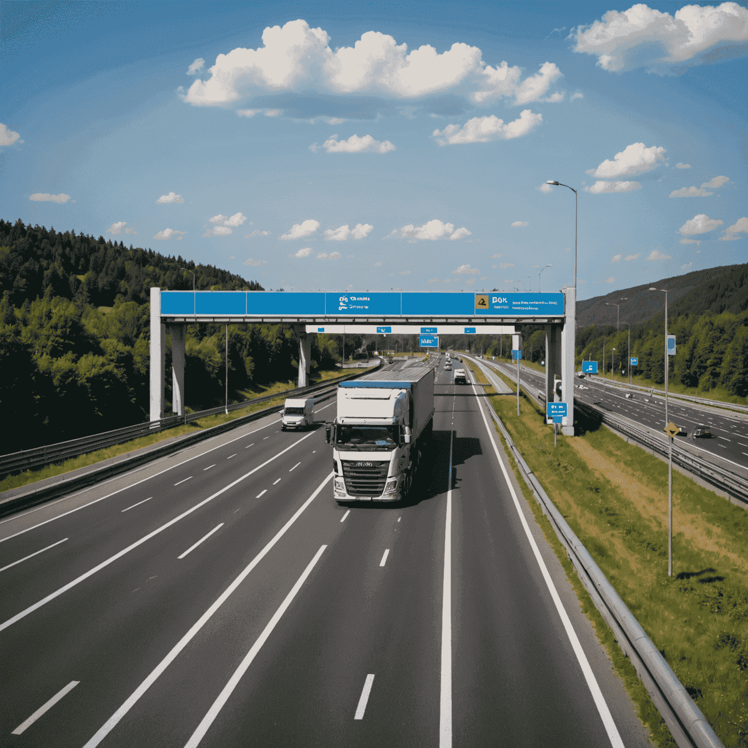 Ein LKW passiert eine Mautbrücke auf einer deutschen Autobahn